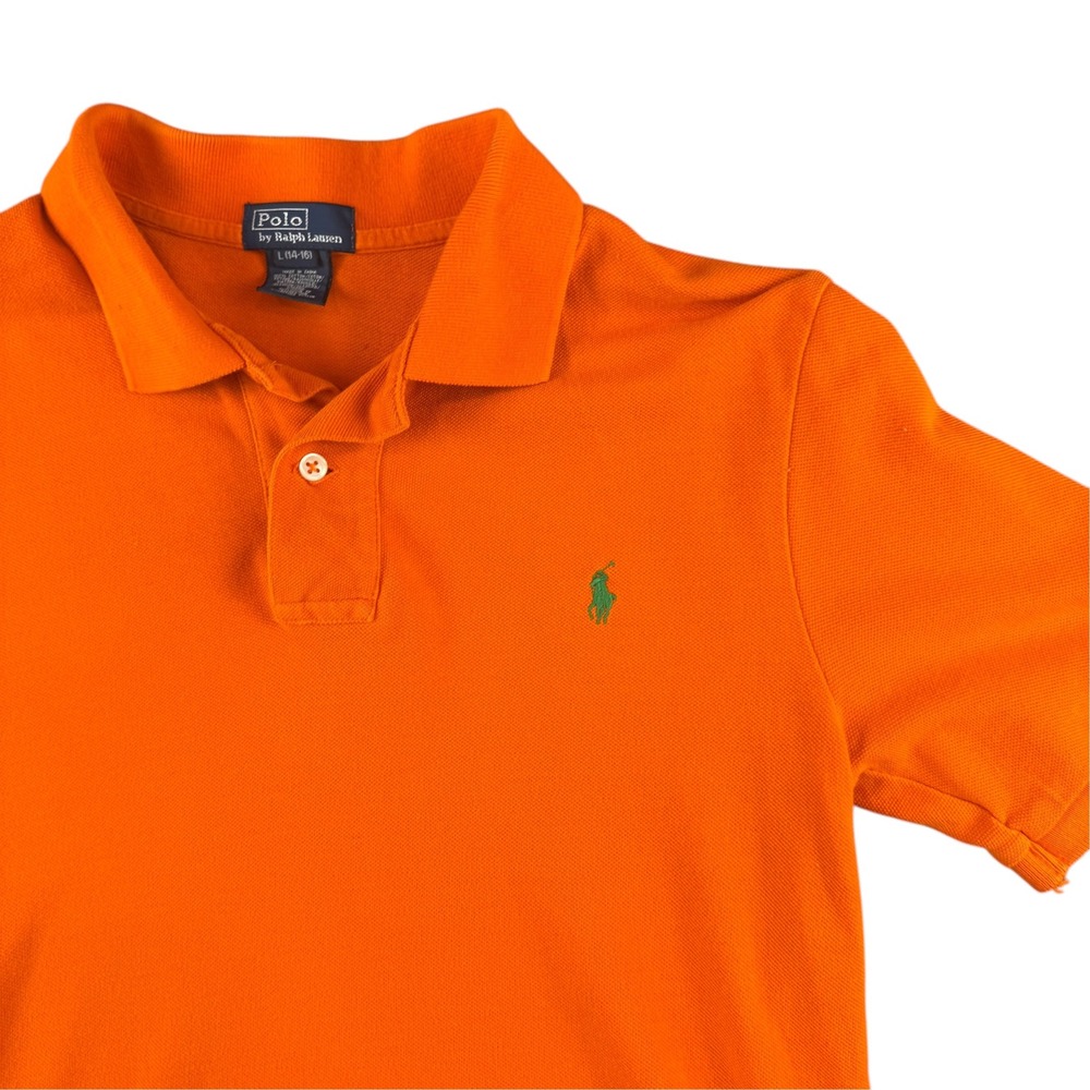 Polo Ralph Lauren Boys L 14-16 Orange Short Sleeve Pique Polo Green Pony Shirt